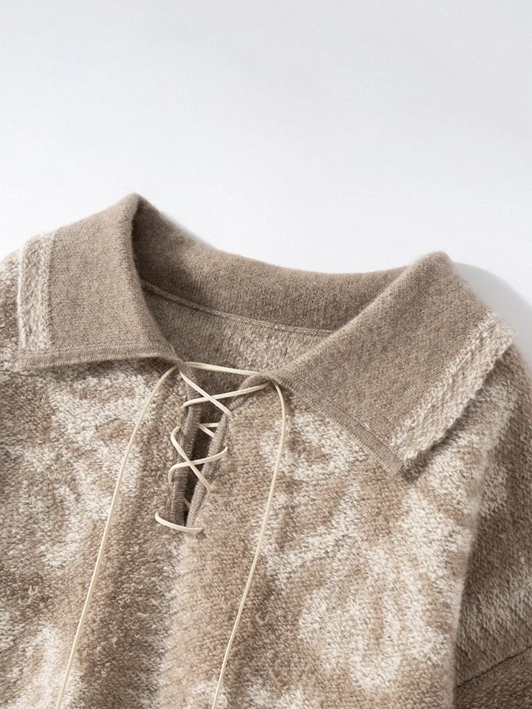 Women's 100% Cashmere Sweater French Retro Tie Turn-Down Collar Fair Isle Pullover Autumn Winter Towel Embroidery Cashmere Tops