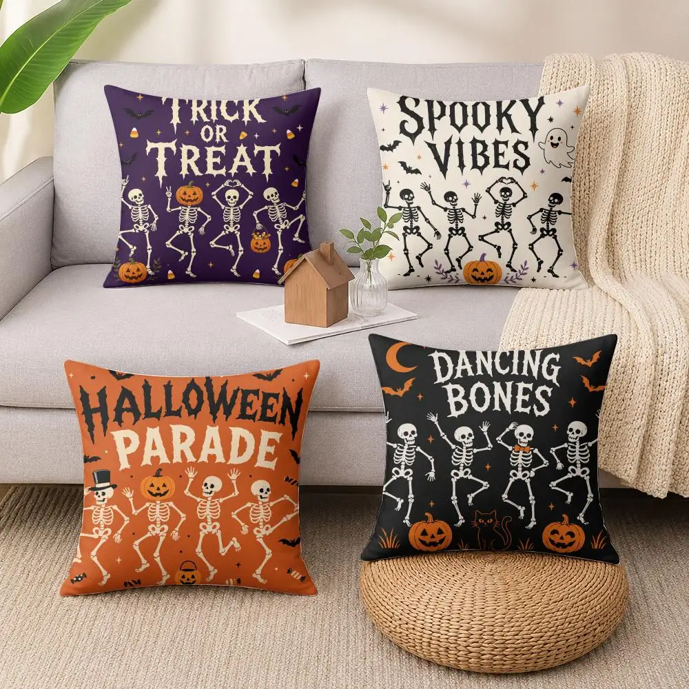 Halloween Dancing Skeleton Cushion Cover Luxury Soft Plush Short Fur Cushion Case Warm Cozy Sofa Bed Decorative Home