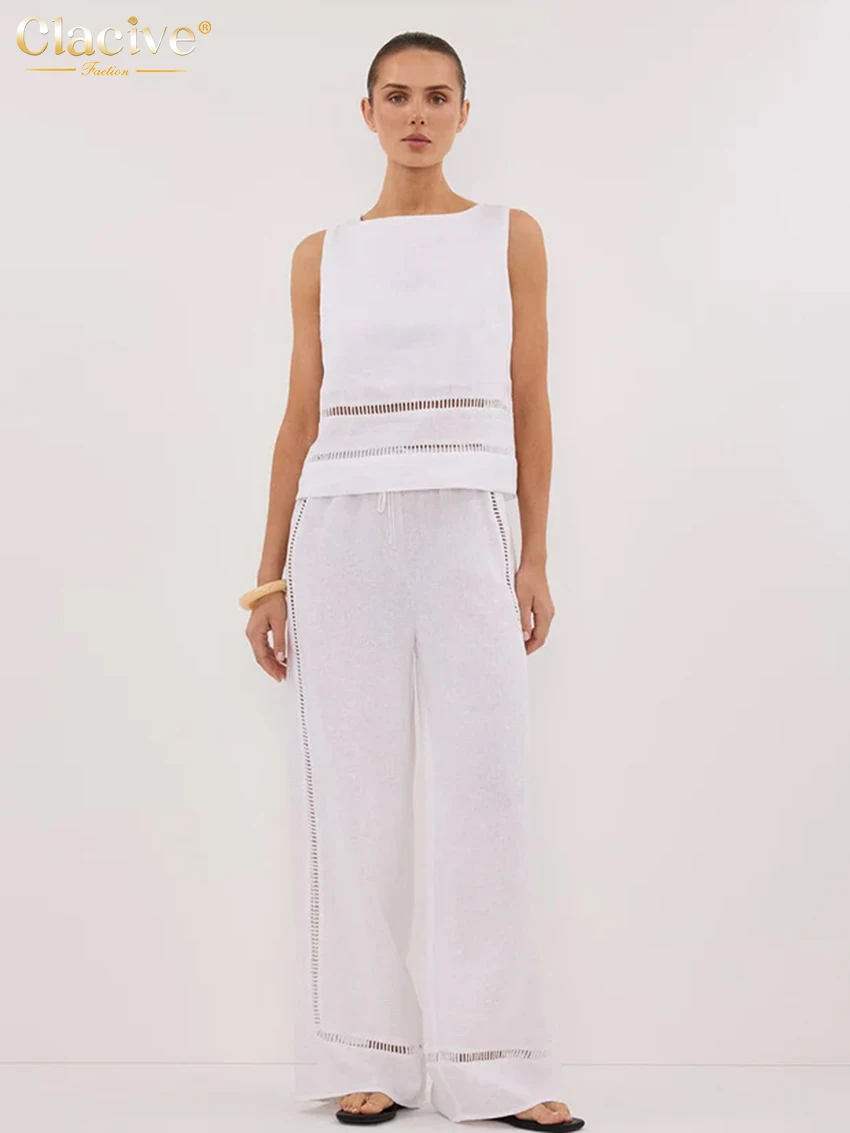 

Clacive Summer Loose White Cotton 2 Piece Set Women Fashion Sleeveless Tank Top With High Waist Wide Pants Set Female Streetwear