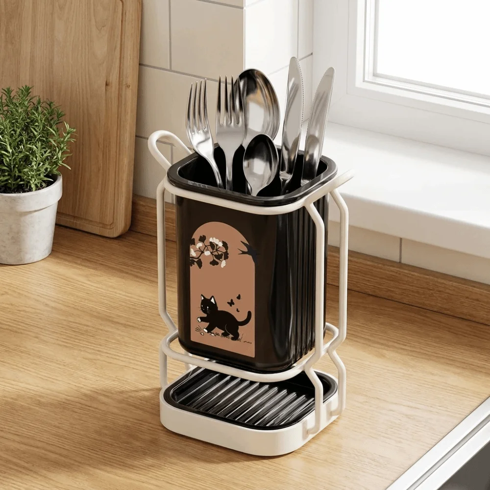 Cute Cat Pattern Chopstick Holder Standing Draining Chopstick Tube Cutlery Organizer Detachable Kitchen Utensil Stand