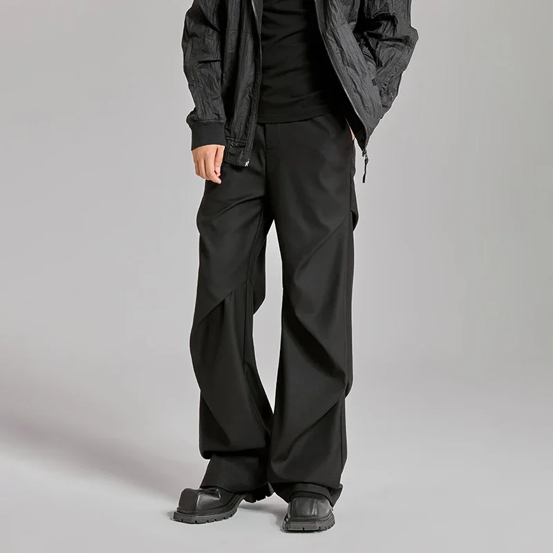 

Extended Length Edition Wrinkle Fashion Men Streetwear Fashion Hip Hop Vibe Loose Casual Straight Black Suit Pant Trousers
