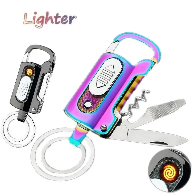 Outdoor Portable Multi functional Wine Open Keychain Lighter Personalized USB Charging Windproof and Silent Cigarette Lighter