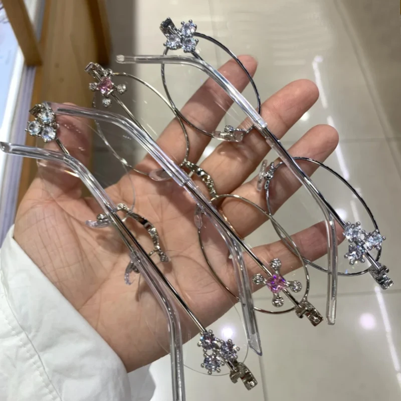 Bling Rhinestone Eyeglasses Retro Y2K Diamond Small Oval Shades Frame Women Eyewear Steampunk Anti Blue Light Spectacles Glasses