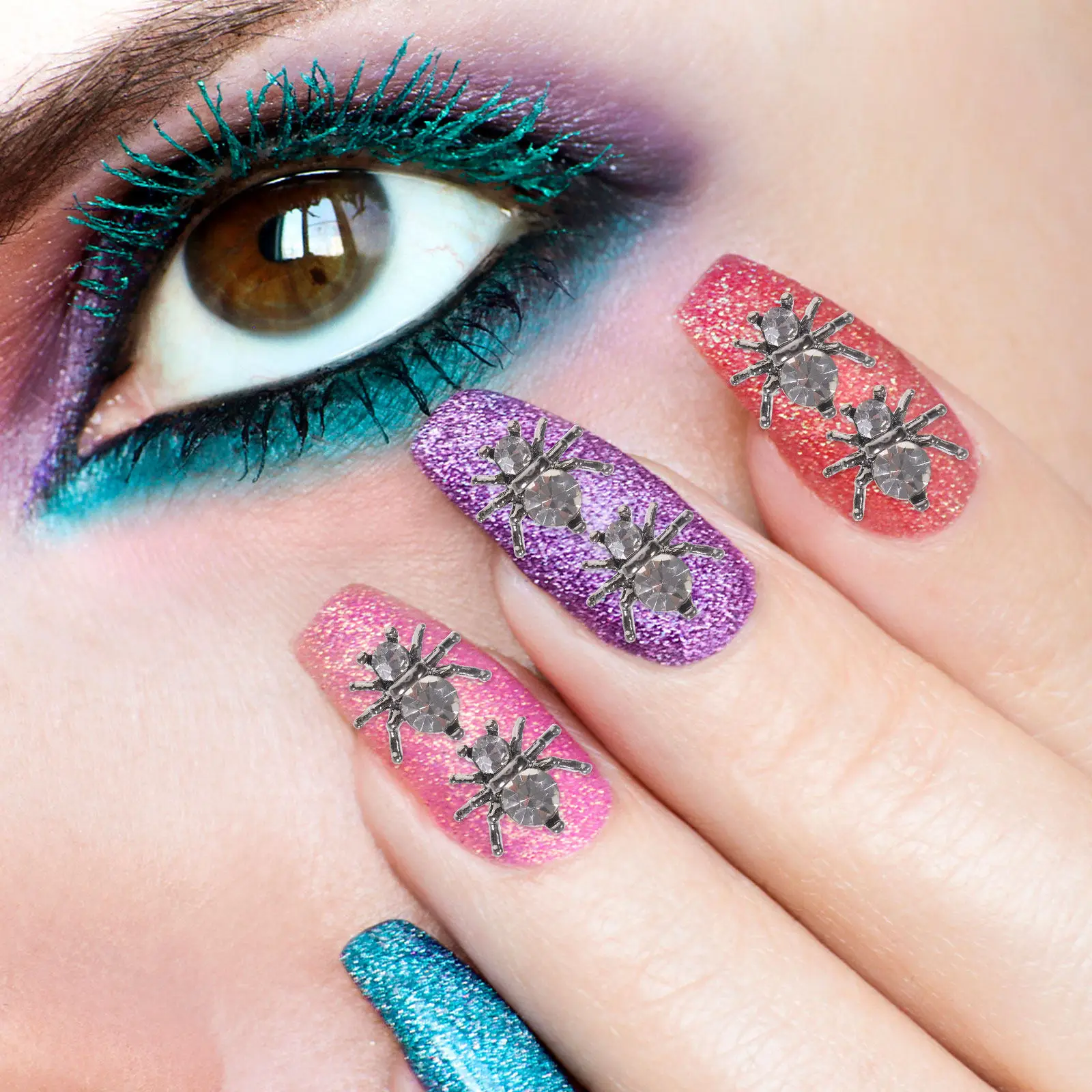 

100 шт. металлических украшений для ногтей в виде пауков, из сплава с кристаллами, для маникюра, DIY декор для ногтей на Хэллоуин, Рождество, вечеринки