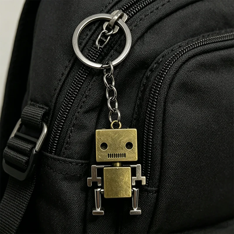 Retro Beweglicher Roboter-Schlüsselanhänger Vintage Metall Quadratischer Roboter-Schlüsselring Kreativer Punk-Stil Taschenanhänger Geschenk für Männer Frauen – Detail 3