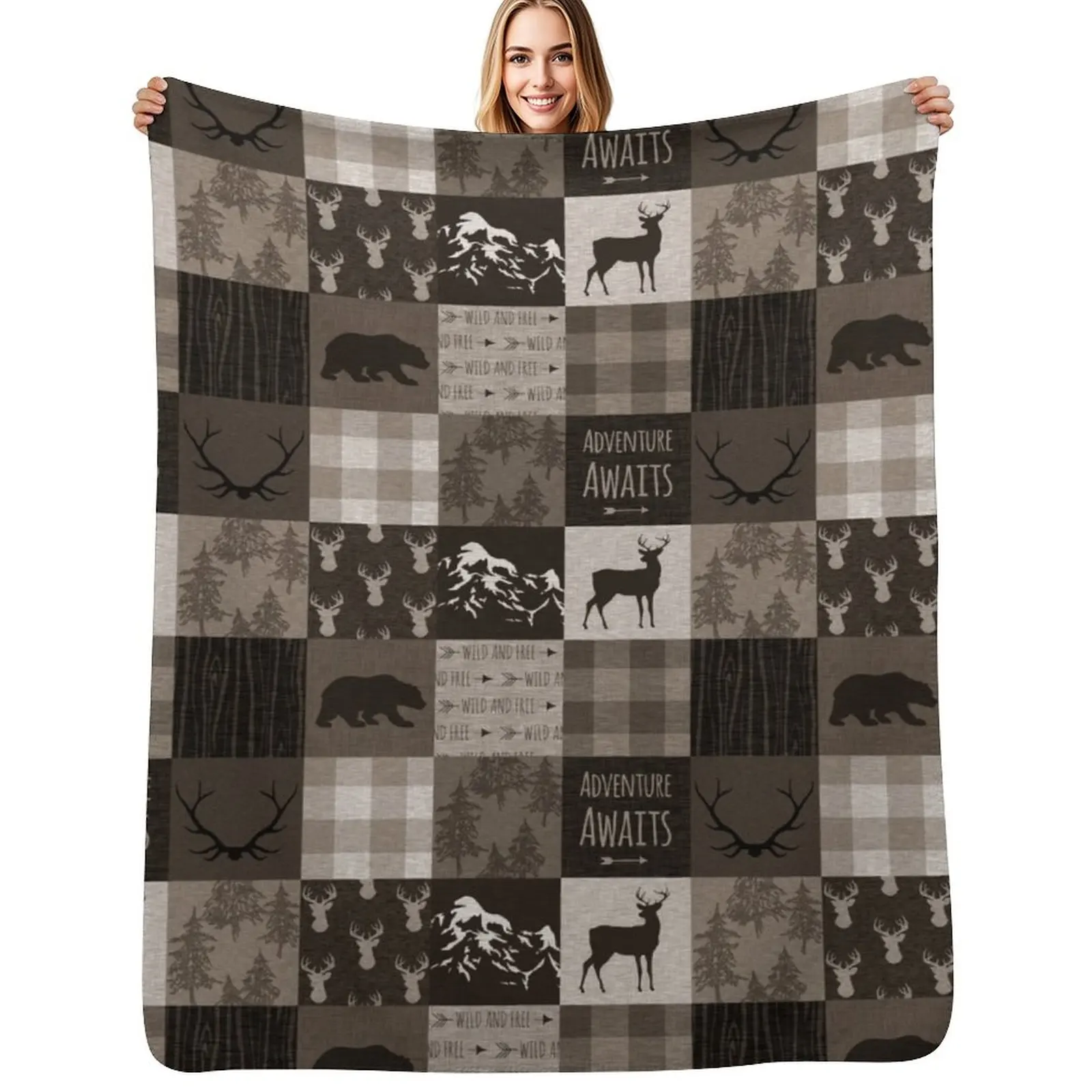 

Adventure Patchwork - Brown/Beige Throw Blanket Lightweight Warm Blanket for Travel Camping
