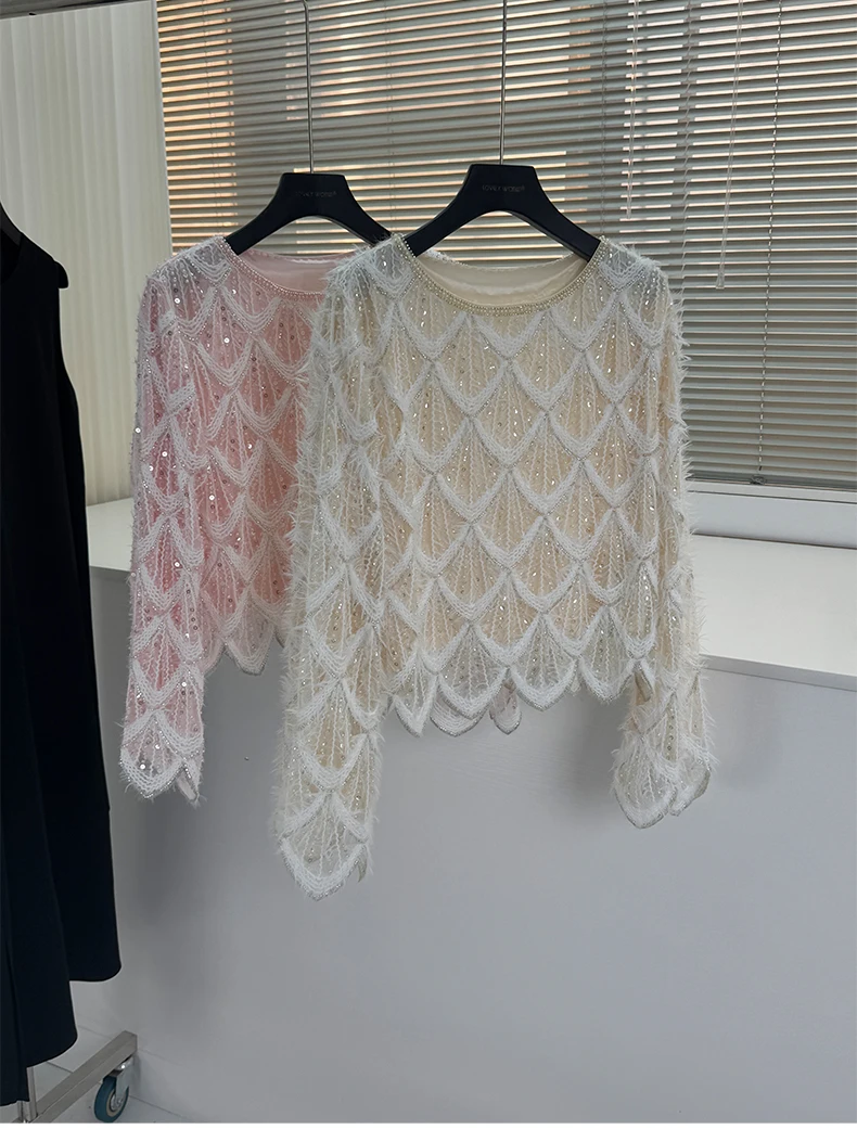 스팽글 페르시 디자이너 로맨틱 물결 모양의 가장자리 느슨한 짧은 스웨터 탑 여성 하이 엔드 연예인 중공 긴 소매 니트 점퍼