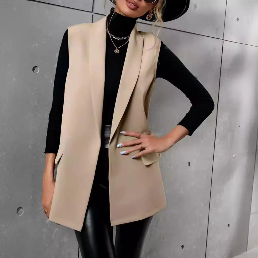 Mid-length Suit Coat Elegant Lapel Sleeveless Women's Suit Vest with Flap Pockets Mid-length Solid Color Business Waistcoat Open