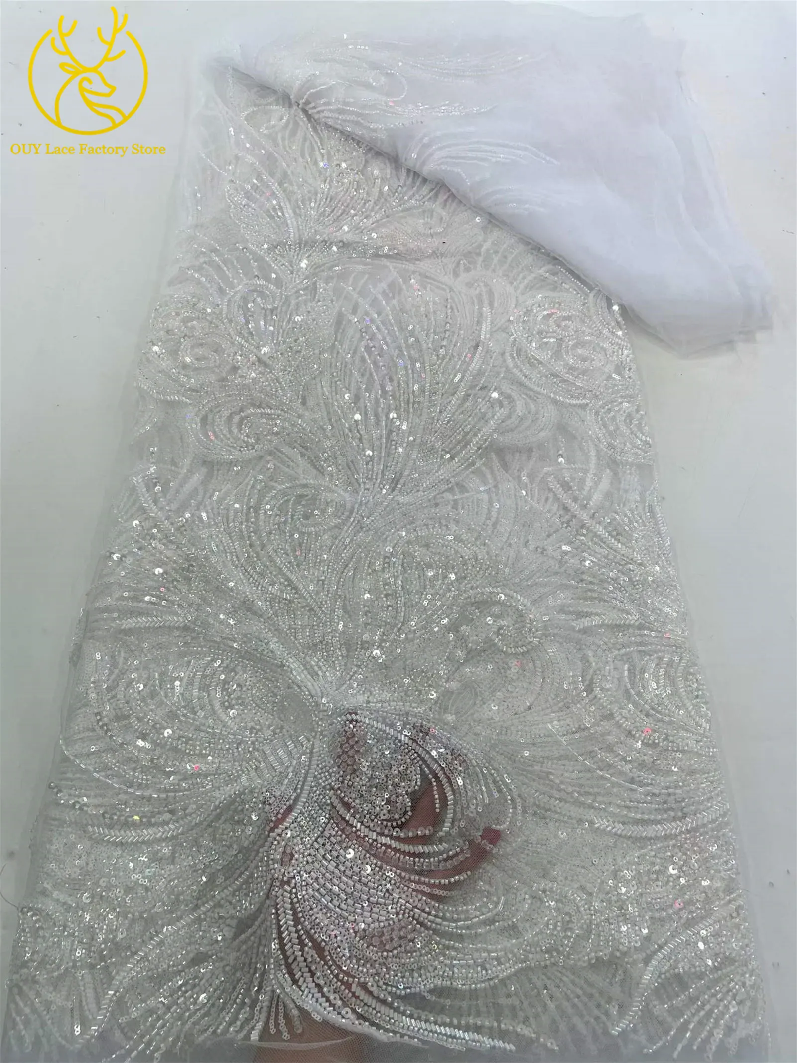 5 Yards luxuriöser afrikanischer Perlenstoff für Bräutigame 2026, exquisite nigerianische Pailletten-Stickerei-Spitze für Damen-Abendkleider zum Nähen – Detail 8