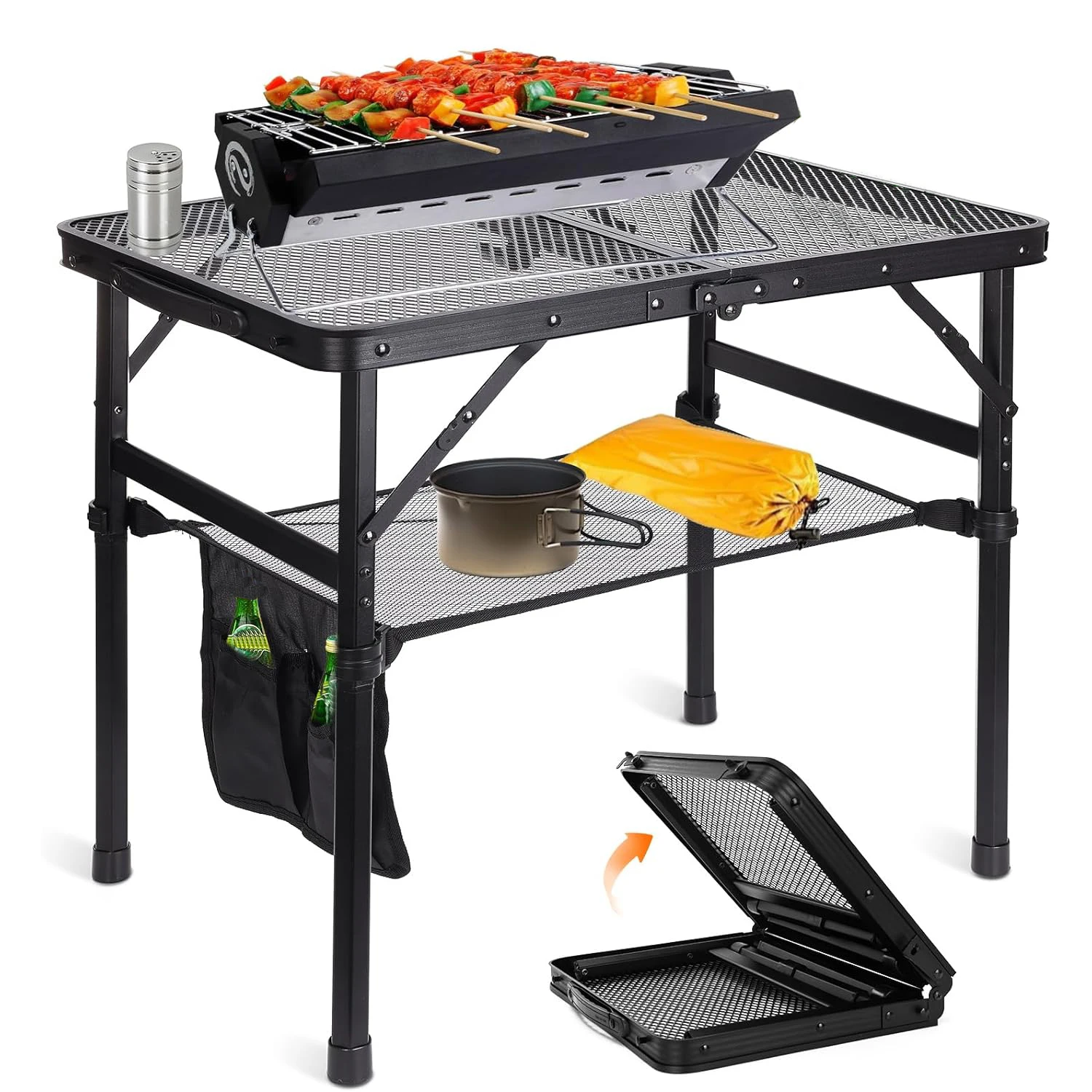 

Camping Table Iron Mesh Folding Table Portable Outdoor Camping With Lifting Shelf Aluminium Alloy Dining Table for Outside BBQ