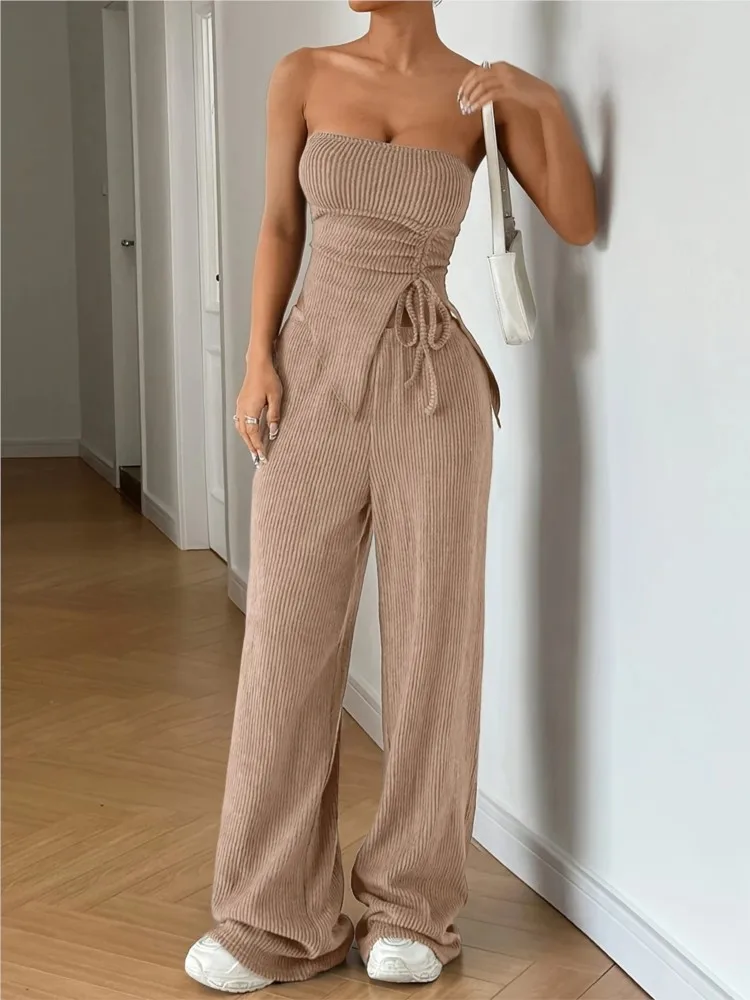 

Sexy Strapless Lace Up Top Set 2026 Women's Fashion Solid Color High Waisted Wide Leg Pants 2 Piece Holiday Streetwear Set