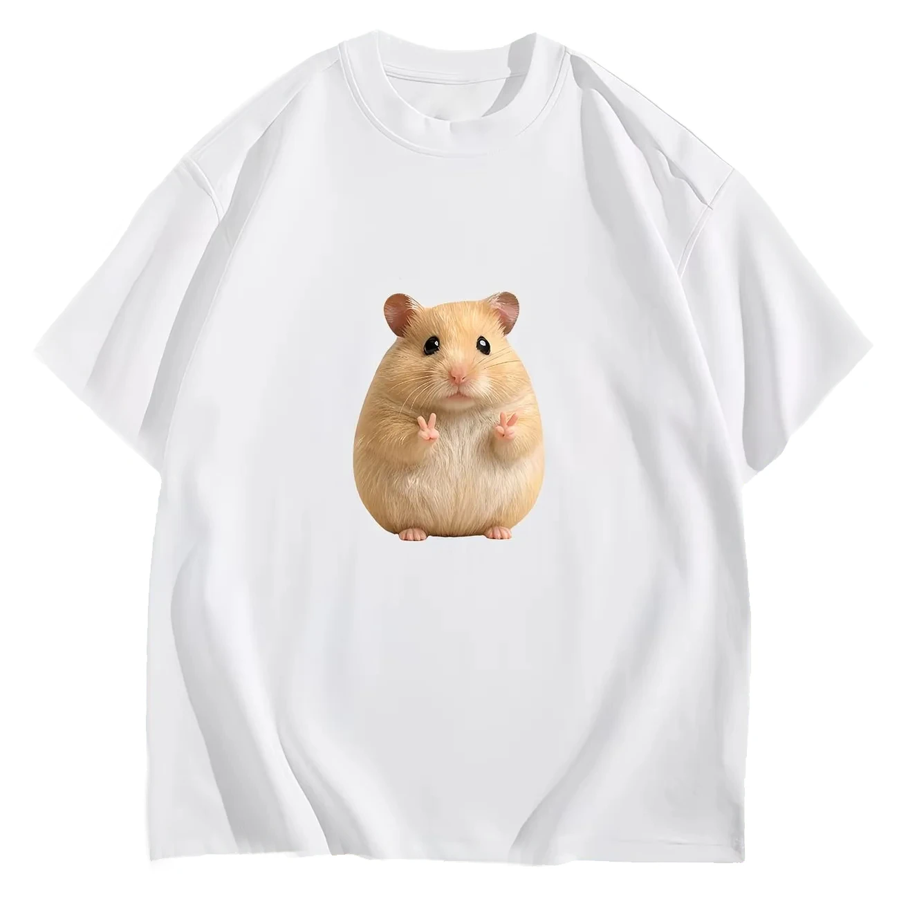 Kawaii Hamster Peace Sign Tee Cuteness Animal Graphic Tee Summer Short Sleeve Pet Lover Gift Trendy Comfortable Women Casual Top