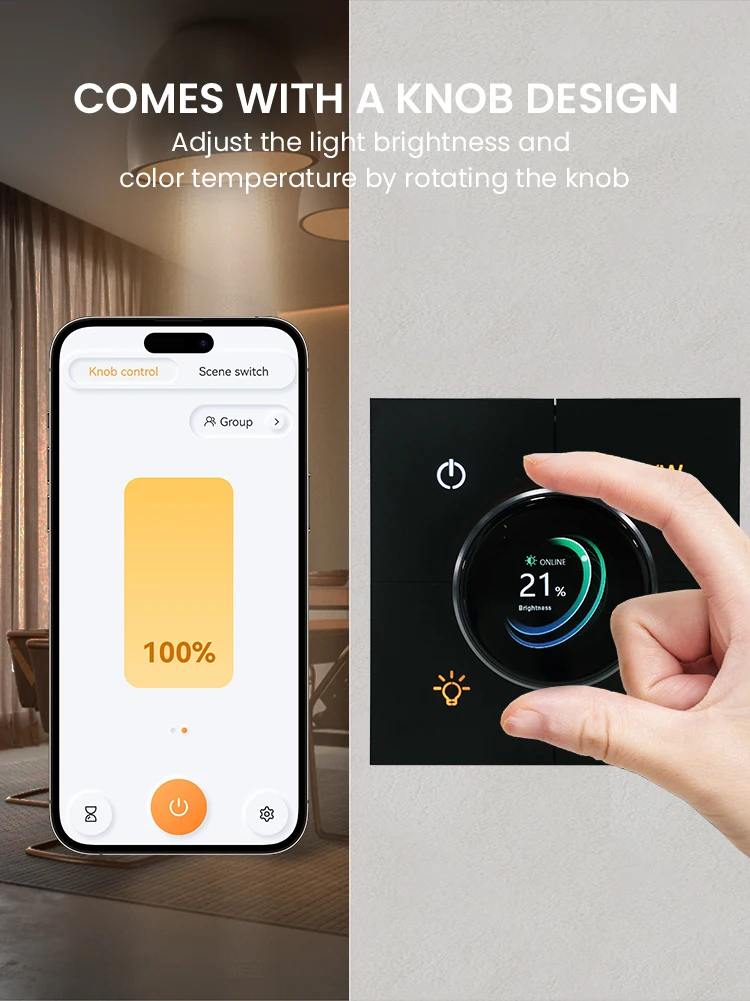 Zigbee Smart Home Knob Switch Dimming Adjustment Color Temperature Scene Button Switch Remote Control Need Neutral Wire 4Gang