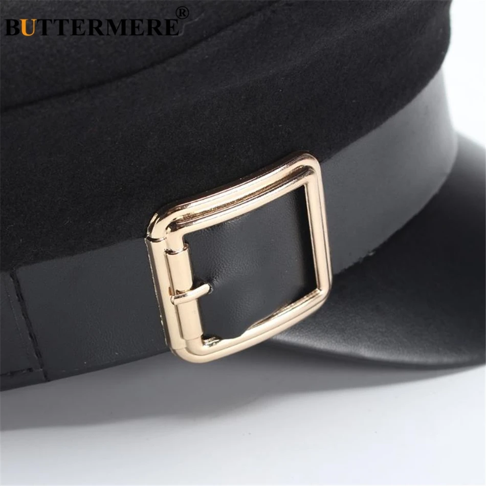 BUTTERMERE Military Hat Women Army Cap Woolen Patchwork Leather Black Baker Boy Hat Spring Autumn Brand Sailor Flat Top Hat