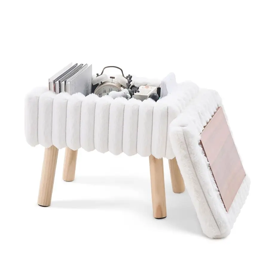 

Storage Ottoman,Soft Faux Fur Footstool with Padded Seat, Small Reading Vanity Chair, Footrest with Wood Tray for Couch, Mini Co