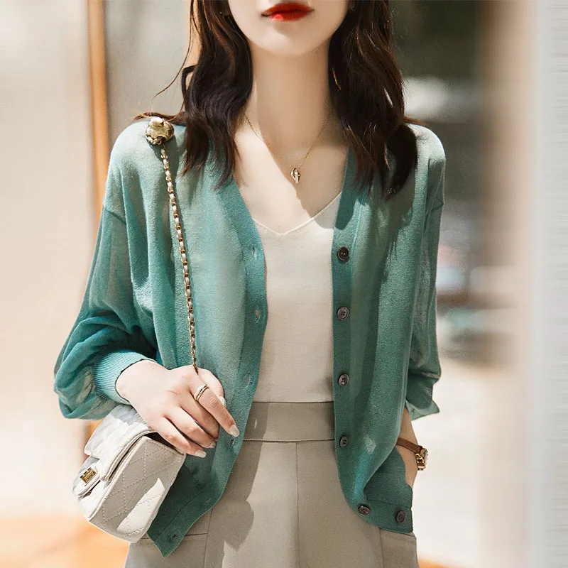 

Knitted Sweater Women Cardigans New Long Sleeve V-Neck Sueters De Mujer Sunscreen Black Knit Sweater Cardigan Women Tops Q3124