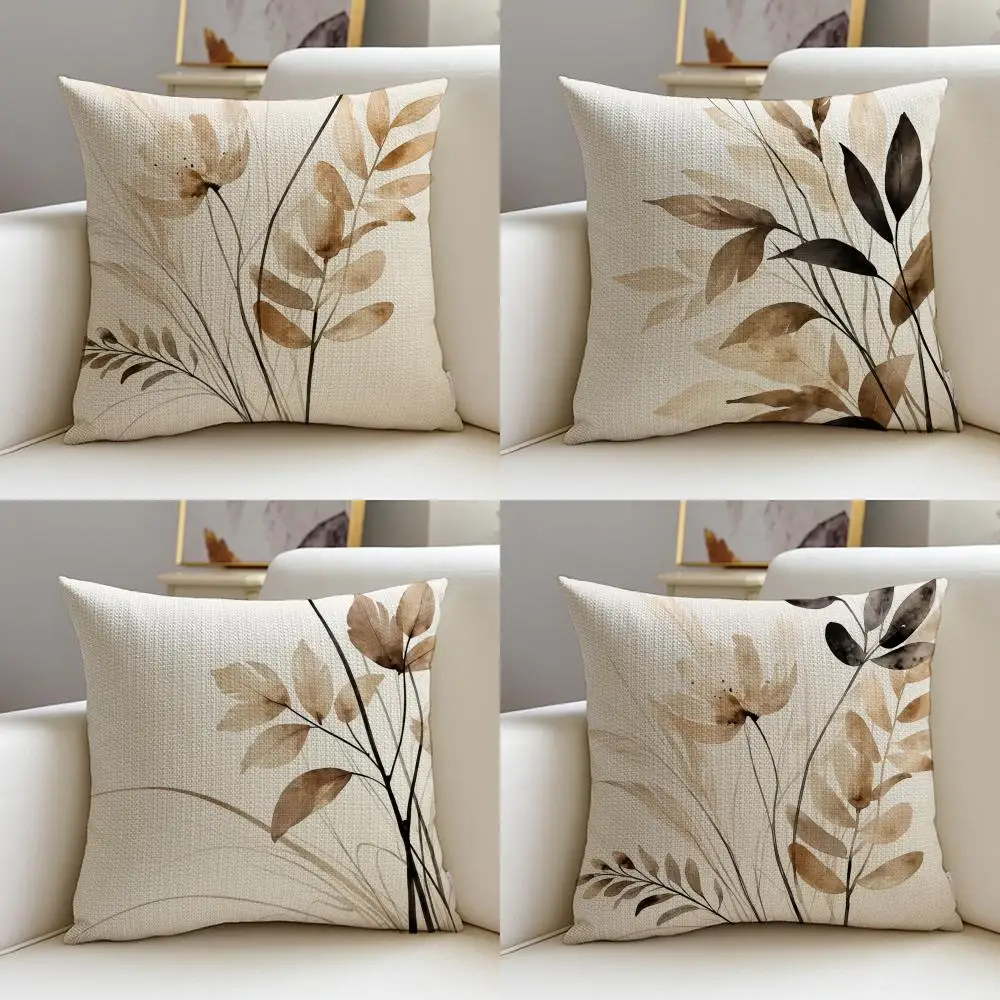 Beige Minimal Blooms Cushion Cover 4Pcs Linen Throw Pillow Covers 40x40 45x45 Modern Home Decor
