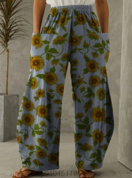 New 3D printed flower pattern loose women's wide leg pants elegant sunflower print pants elastic waist side pocket summer spring