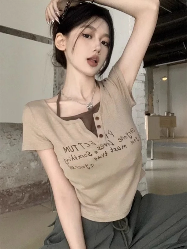 Retro American ort Sve T-irt Women's Spicy Girl Slim Fit ort V-Ne Fake Two-Piece Top for Autumn Korean Sle Stand...