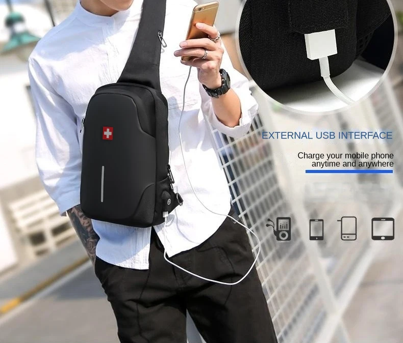 Swiss New Men\'s Fashion Chest Bag Waterproof Anti-Theft Bag Outdoor Casual Fashion Shoulder Crossbody Bag Solid Color Chest Bag