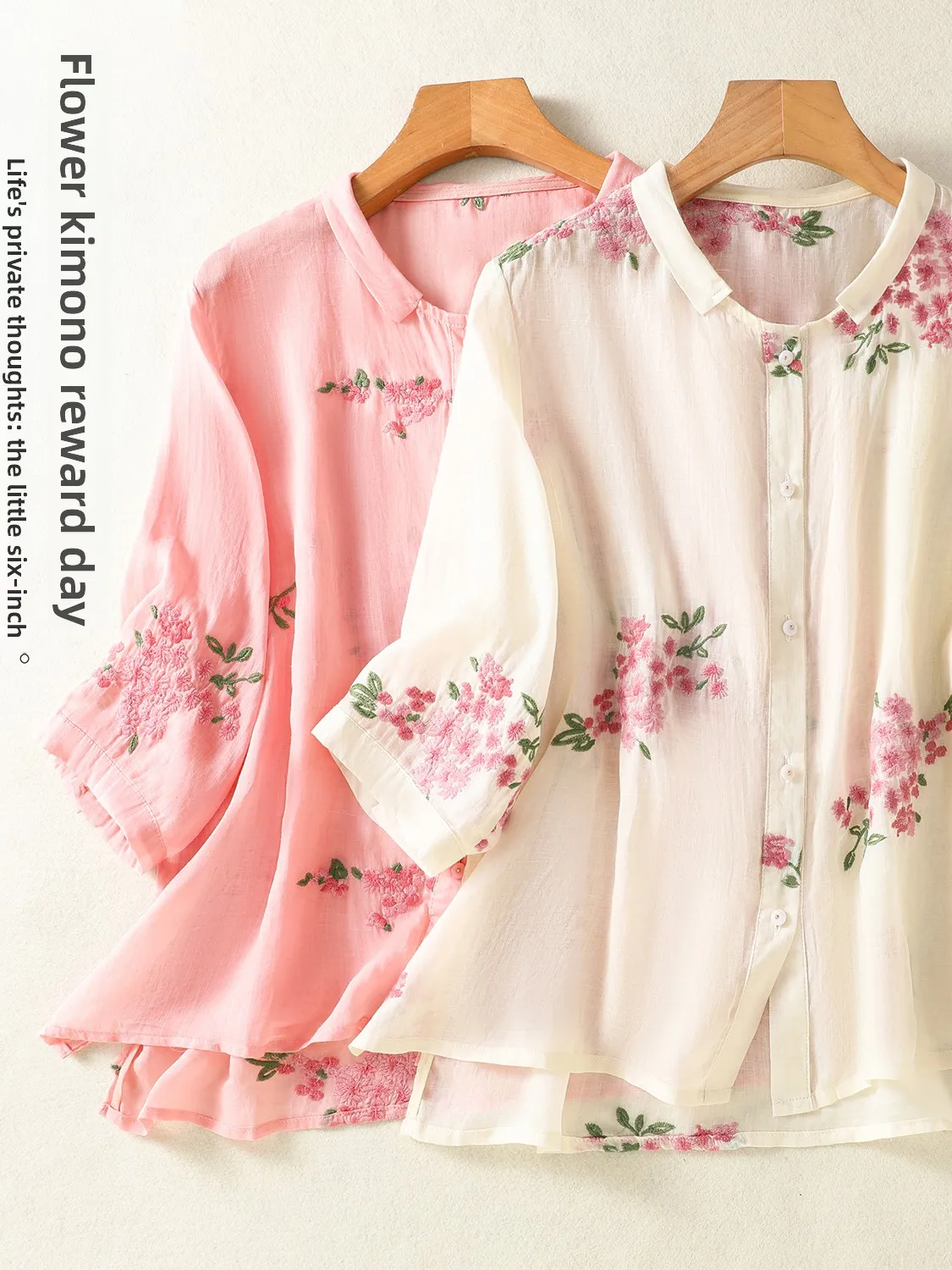 Ele feminino bordado linho irt t-quarto sve gola primavera verão novo sle floral impressão solta ajuste topo