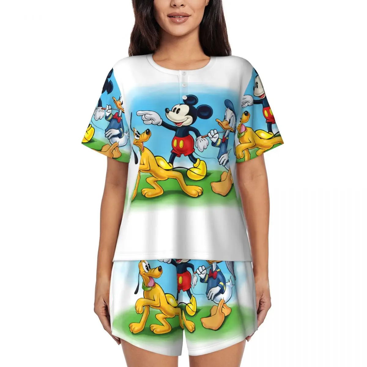

Womens Mickey Mouse Donald Duck Pajamas Set Custom Printed Short Sleeve Sleepwear Loungewear Pjs 2 Piece Sets