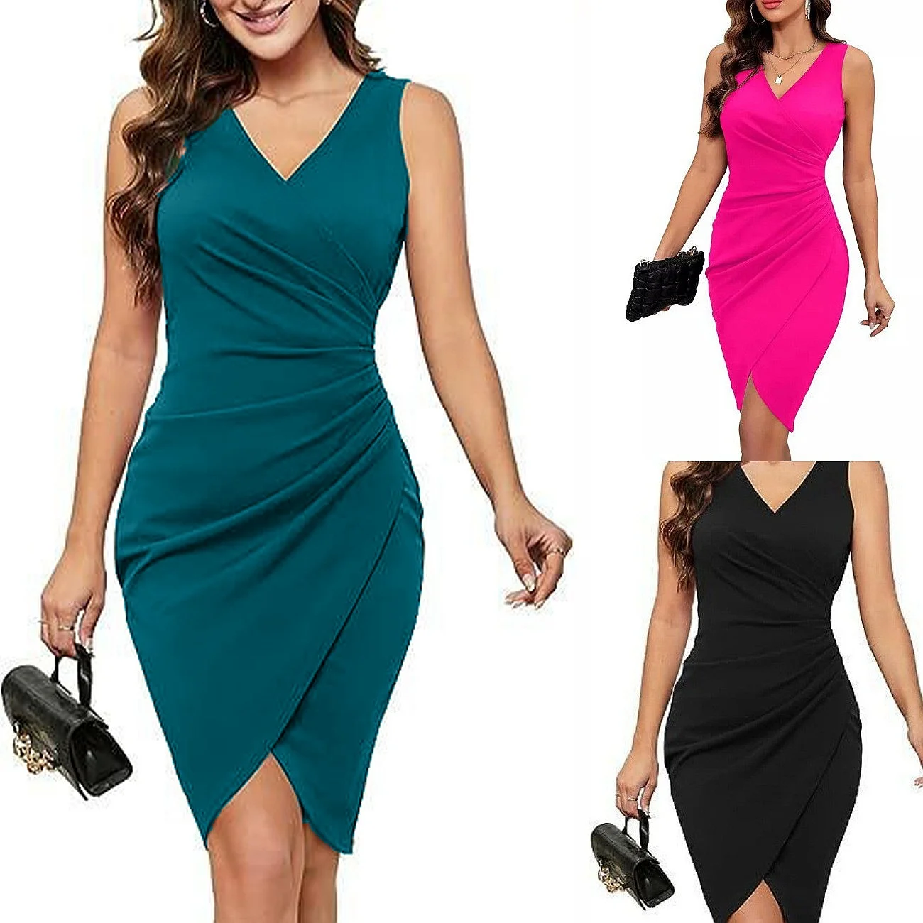 Elegant V Neck Sleeveless Bodycon Dress Summer Solid Color Casual Evening Dresses Jumpsuit Playsuit