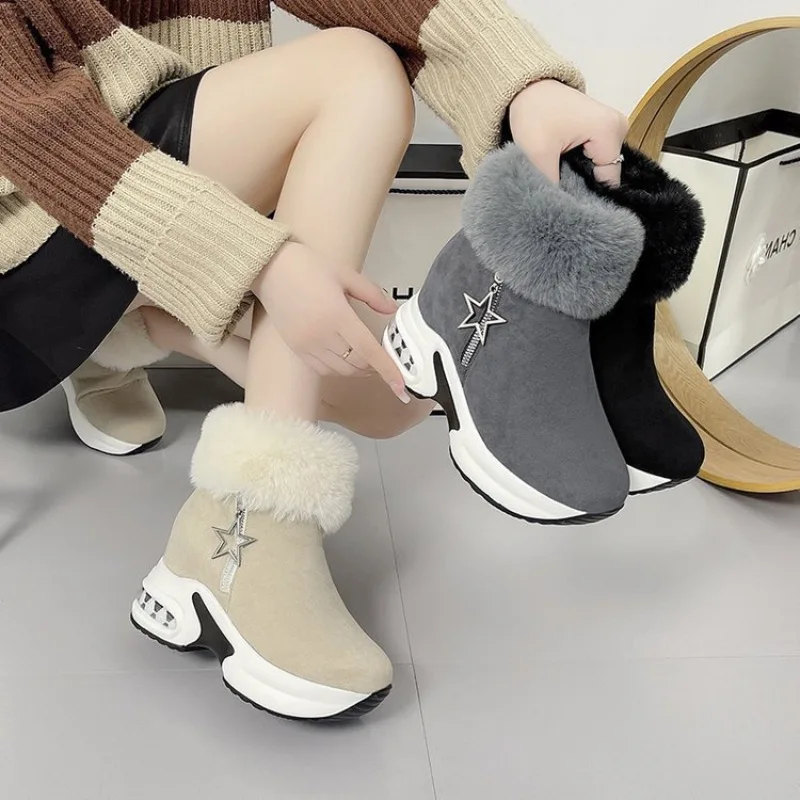 

Womens Ankle Boots Plush Warm Snow Boots Fashion Side Zipper Wedge Platform Boots for Women Internal Increasing Boot Botas Mujer