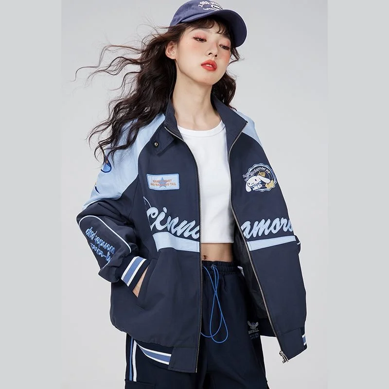 Sanrio Cinnamoroll Kawaii Biker Zipper Women Jacket Zip Up Y2k Korean Style Trench Coat Varsity Jackets Warm  Streetwear Gifts