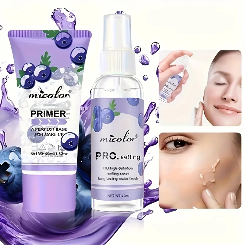 2-teiliges Blueberry Primer- und Setting-Sprühset – feuchtigkeitsspendende Make-up-Basis + langanhaltendes, mattes Finish