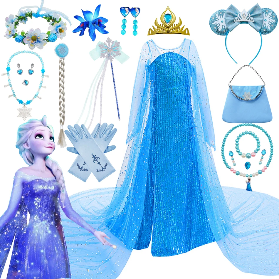 Frozen Elsa Cosplay Dress Girl Party Sequins Fancy Elza Princess Dress UP Cosplay Ball Gown Birthday Carnival Disguise Clothing