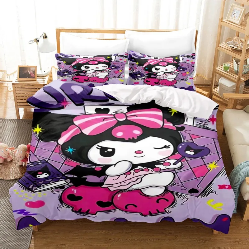 

Горячий комплект постельного белья на тему Sanrio Kuromi с красочным принтом из полиэстера, простыня для студенческого общежития, пододеяльник, домашний текстиль, принадлежности