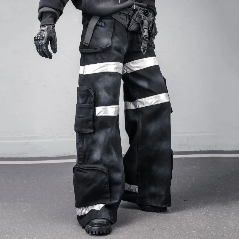 HKSH Spring Autumn New Men Niche Functional Reflective Strips Heavy Dirty-Dye Jeans Pockets Fashion Wide Leg Cargo Pants HK18382