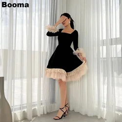 Booma A-Line Velvet Short Evening Dresses Long Sleeves Square Collar Homecoming Party Gown Lace Tulle Dubai Prom Dress for Women