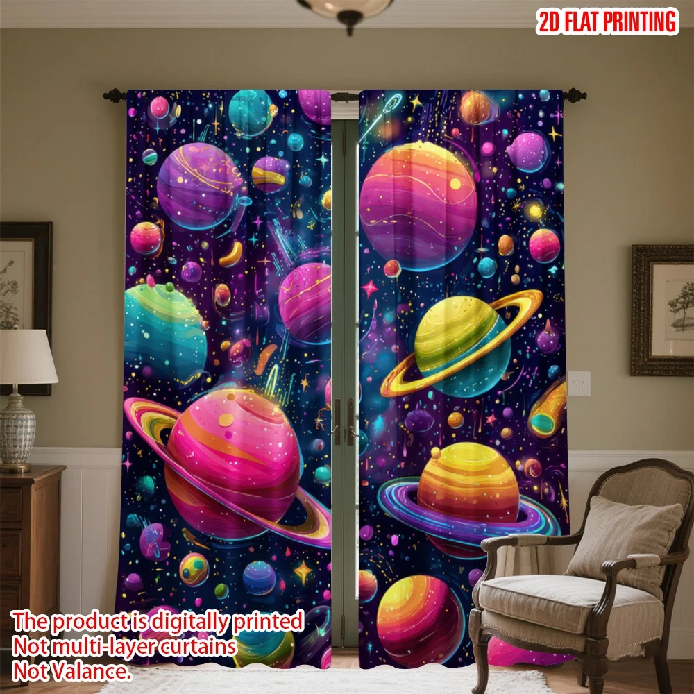 

2D flat printing 2pcs Curtain Colorful Cosmic Planets(2) Digital Printed Polyester Drapes Festive Wall Decor Use for Holiday