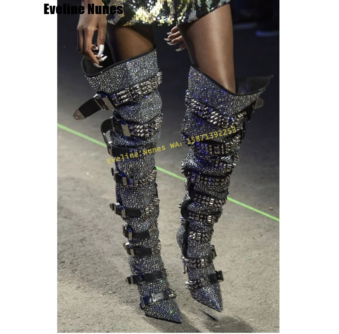 Luxury Crystal Buckles Over The Knee Boots 2024 Runway Show Shoes Pointed Toe Strange Style Rivet Bling Sexy Female Long Booties