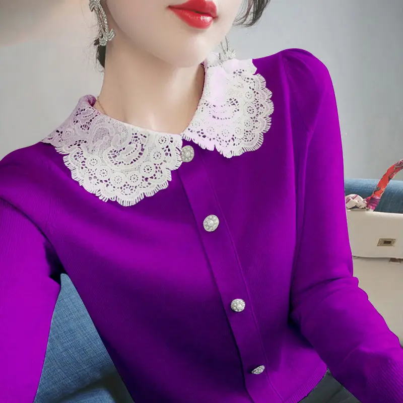 Sweet Peter Pan Collar Button Knitted Spliced Lace Blouse Female Clothing 2022 Autumn New Loose Casual Pullovers Korean Shirt