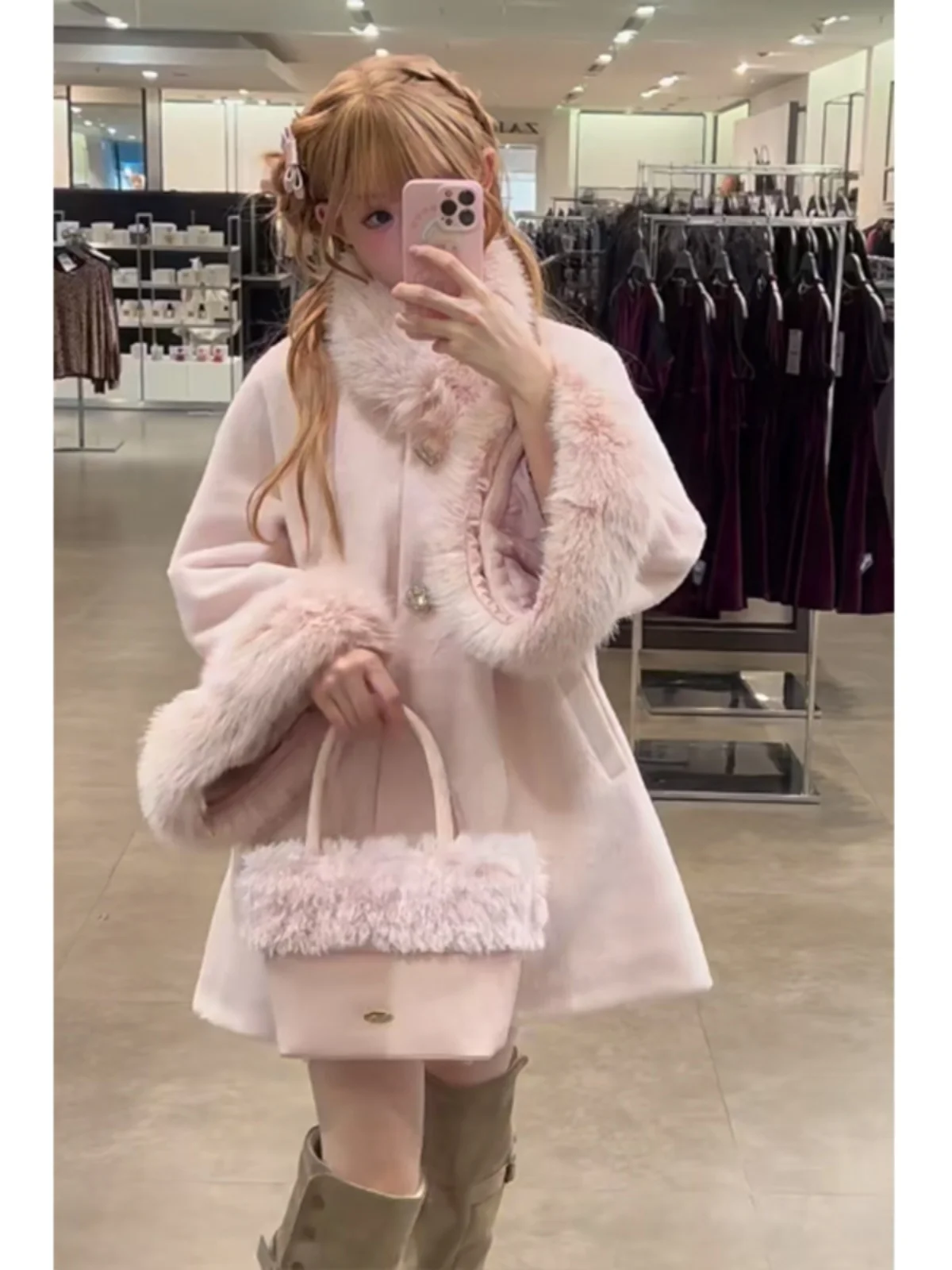 Abrigo de lana con cuello de piel rosa para mujer, dulce japonés, dulce, manga acampanada, capa, abrigo de lana