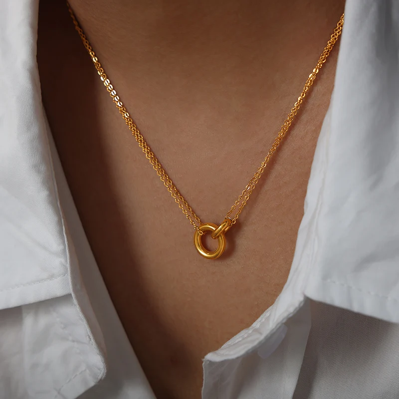 Two-tone Circular Ring Pendant Necklace For Women 18k Gold Plated Stainless Steel Women\'s Chain Necklace