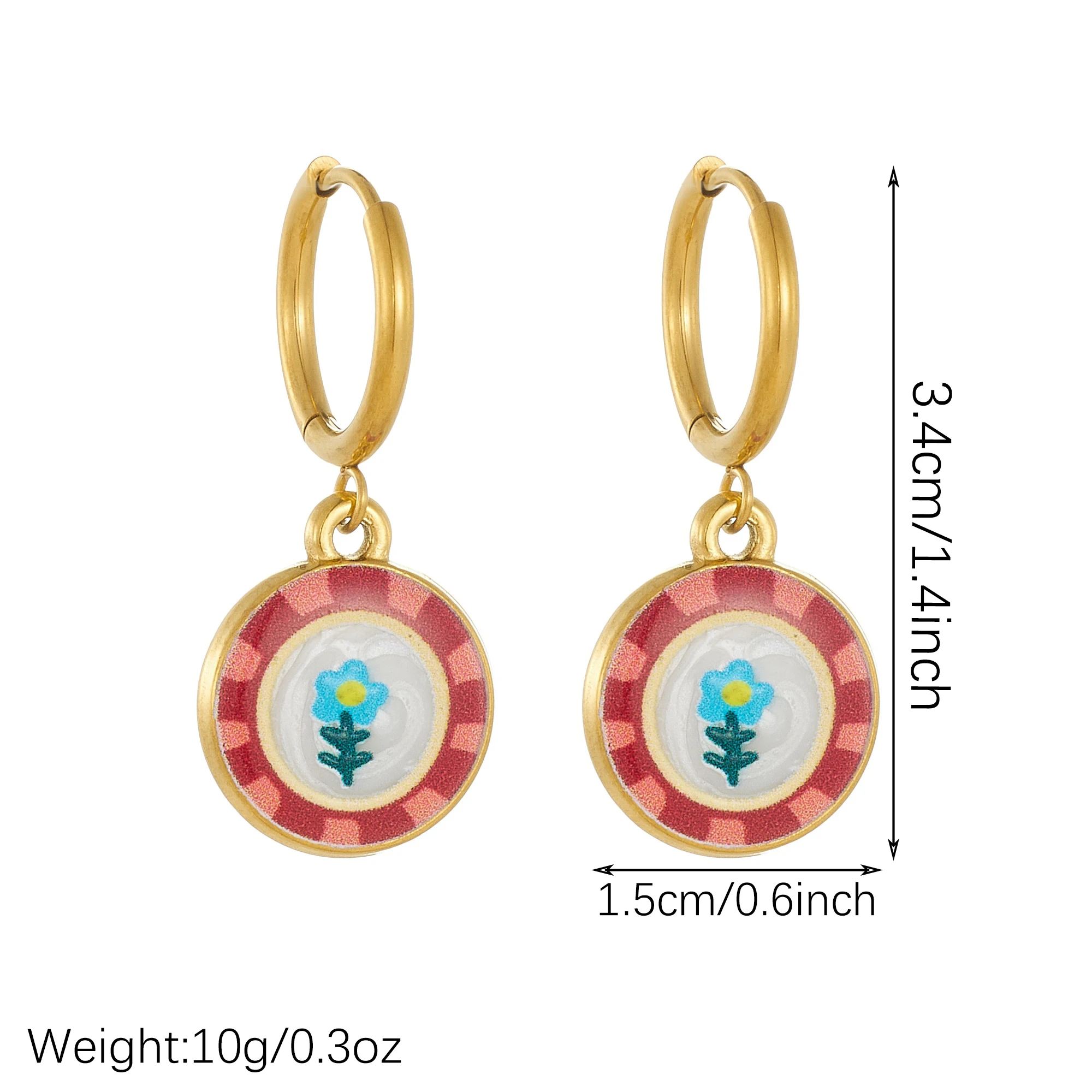 MEYRROYU Stainless Steel Boho Retro Round Flower Hoop Earrings Red Checker Border Enamel Dangle Earrings Cute Floral Lady Jewelr