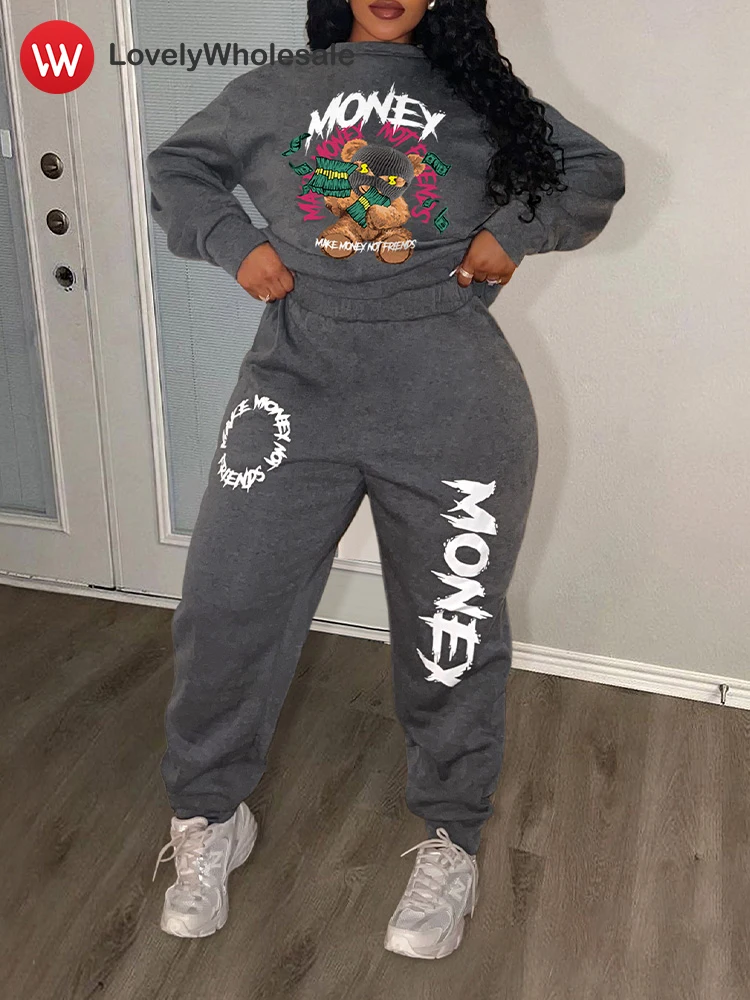 

LW Plus Size Letter Print Pants Set Women Autumn Winter Oversized Sweatshirt Casual Loose Pullovers Tops Tracksuit Suit Woman