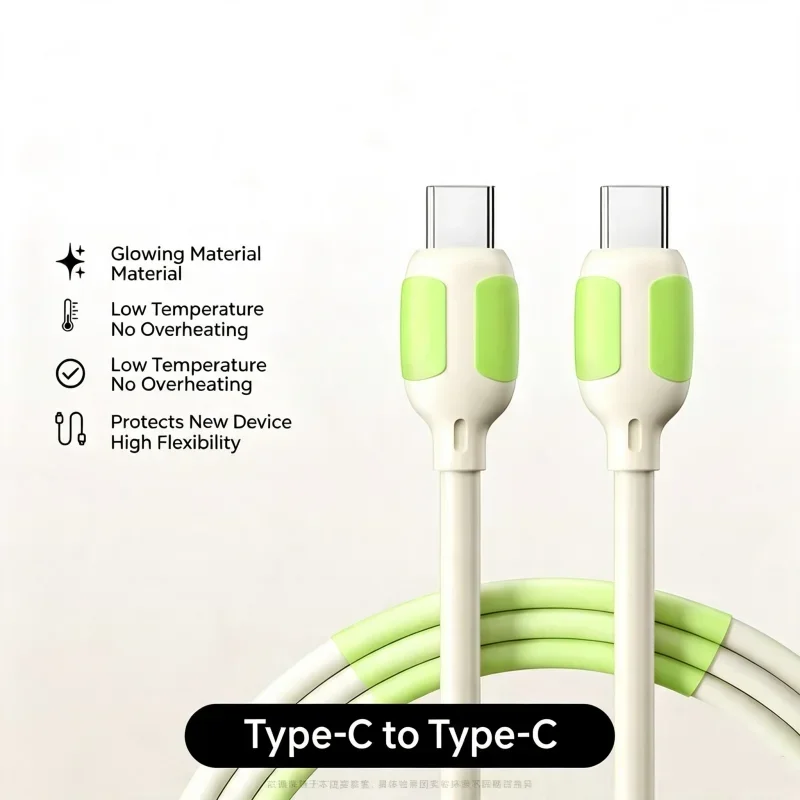 Dual Type-C 100W Super Fast Charge Cable Luminous Soft Silicone Charger Cord With LED Light High Speed Data Transfer Line