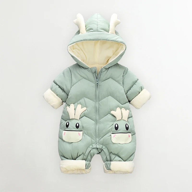 UNIFEMEN 2024 Baby Winter Snowsuit Plus Velvet Thick Baby Boys Jumpsuit 0-2 Years Newborn Boys Cartoon Romper Hooded Overalls