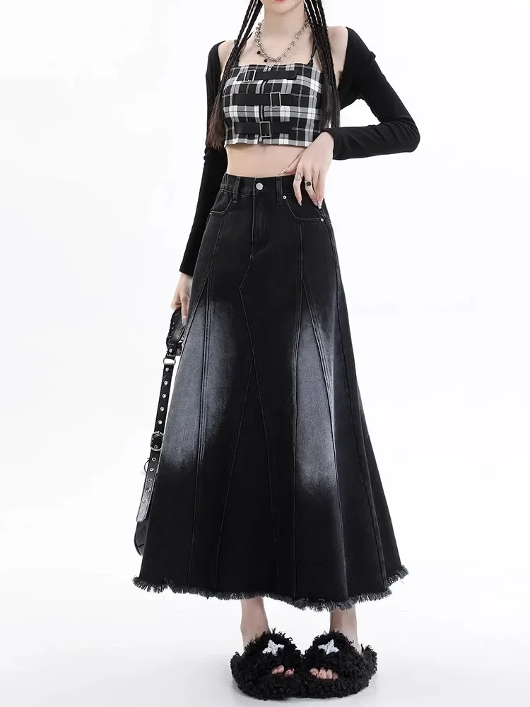 Denim Skirts Women Autumn New High Waist Slim Casual Mid-length Raw Edge Design Temperament OL Streetwear Aesthetic Prevalent