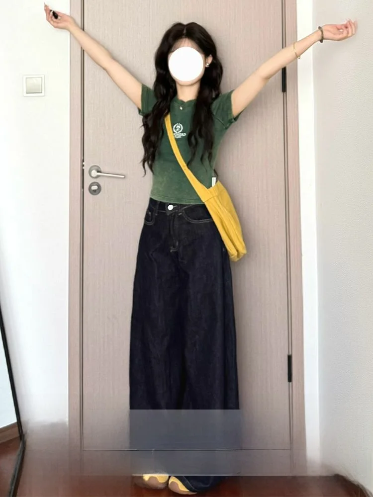 

High Waist Wide Leg Denim Jeans Women's Summer New American Style Long Floor-Length Draping Dark Color Jeans Ladies' Loose Fit