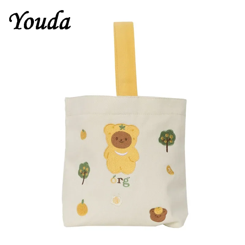 

New Women's Canvas Bucket Bag Girls Cute Embroidery Female Handbag Spring New Style Student Picnic Reusable Lunch Box Bag Wallet