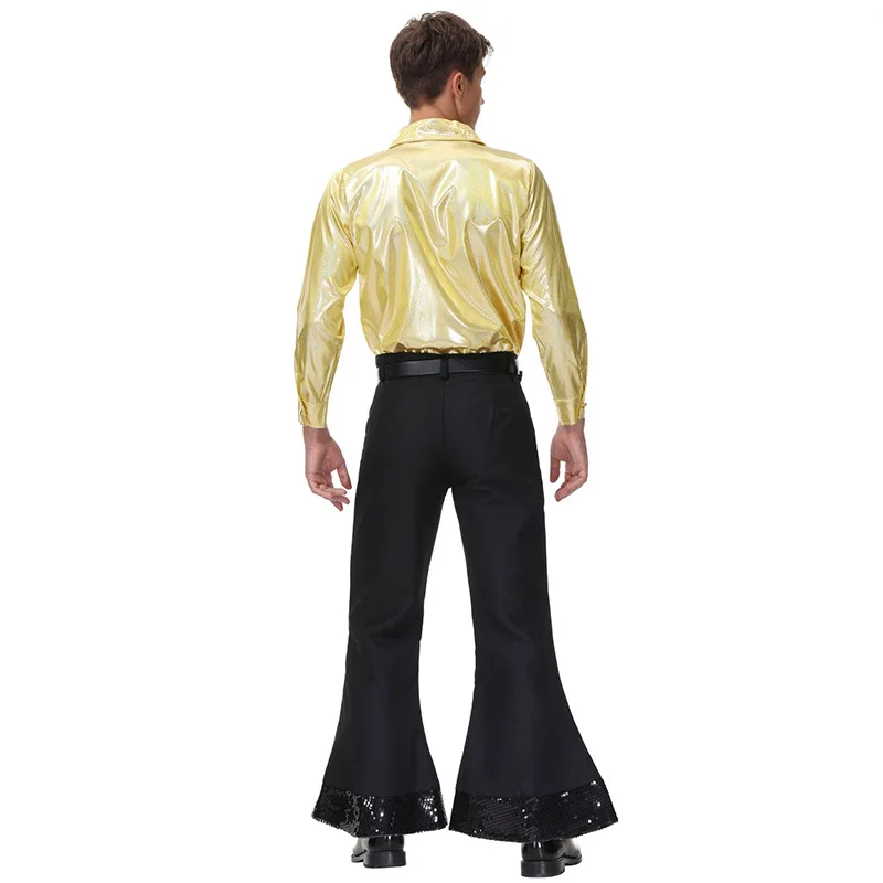 Adult Retro 60s 70s Hippy Hippie Disco Costume Cosplay for Men Halloween Party Stage Performance Fantasia Black Gold