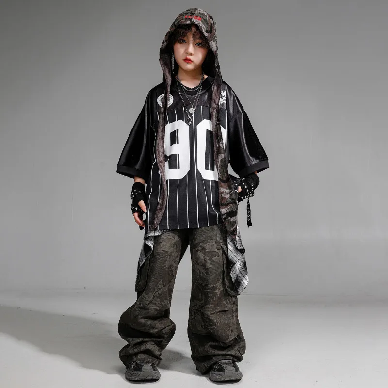 

Kid Hip Hop Clothing Black Stripe V Neck T Shirt Camouflage Casual Parachute Cargo Pants for Girl Boy Jazz Dance Costume Clothes