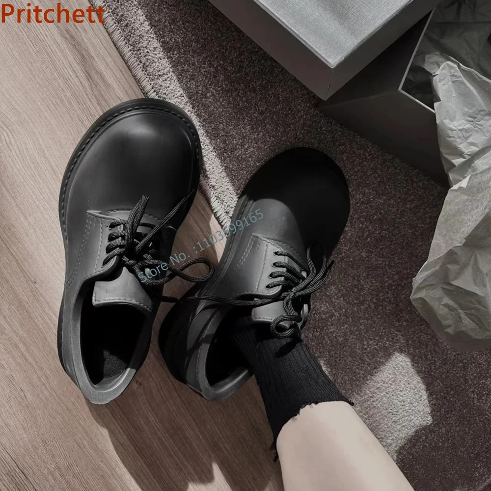 Thick Soled Mid Calf Boots Round Toe Solid Black Platform Cross Lace Up Sewing Leisure Shoes Spring Concise Comfortable Shoes