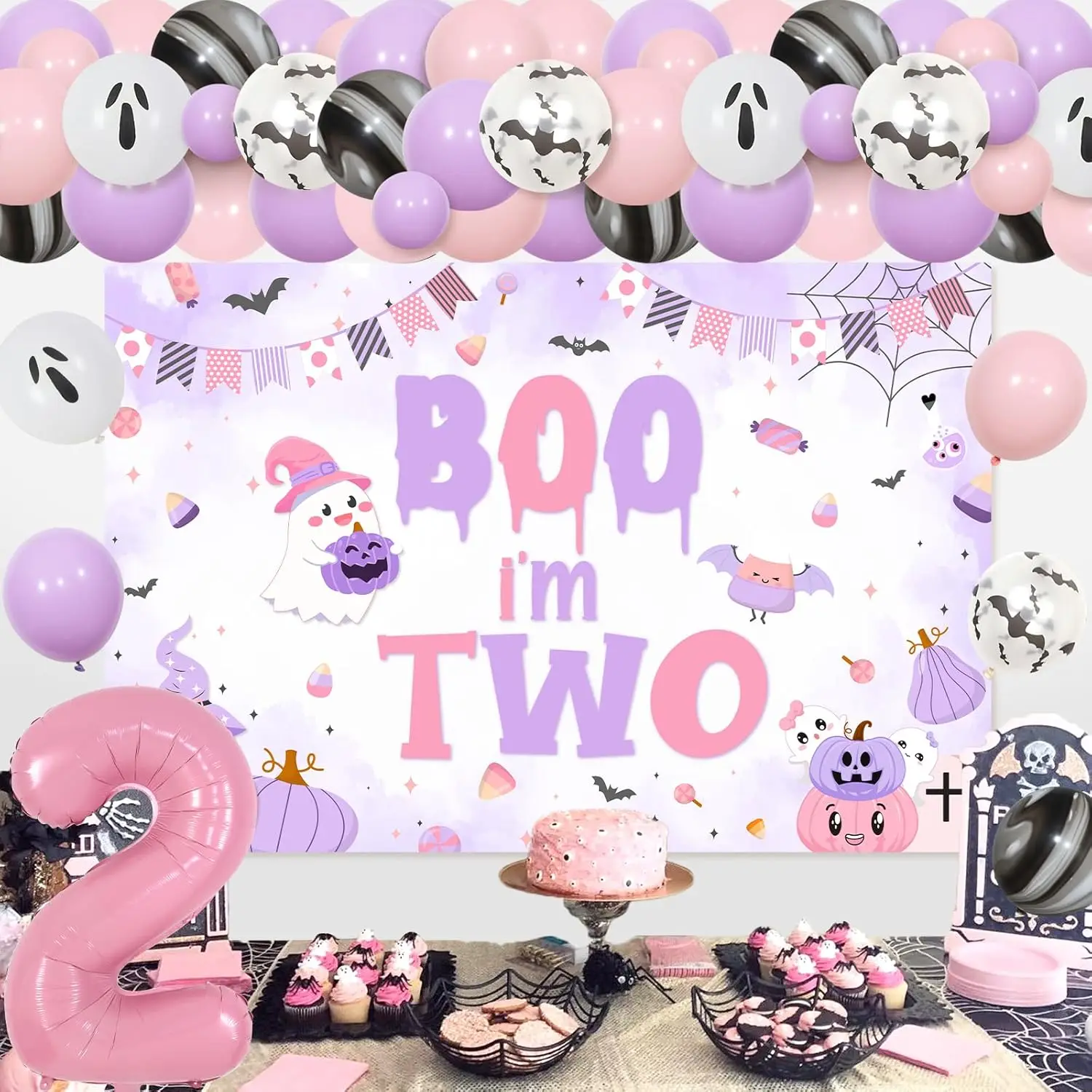 Kreat4joy Halloween Party Decorations Girl, Boo I’m Two Backdrop Balloon Garland Pink Purple for Girl 2nd Birthday Party